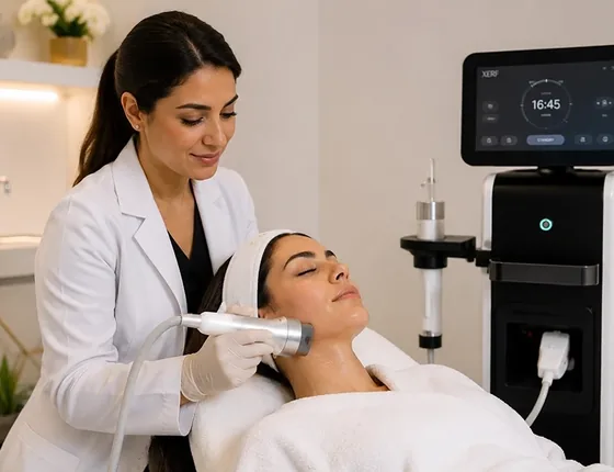 Doctor performing a device-based skin treatment at Almahmoud Medical Group