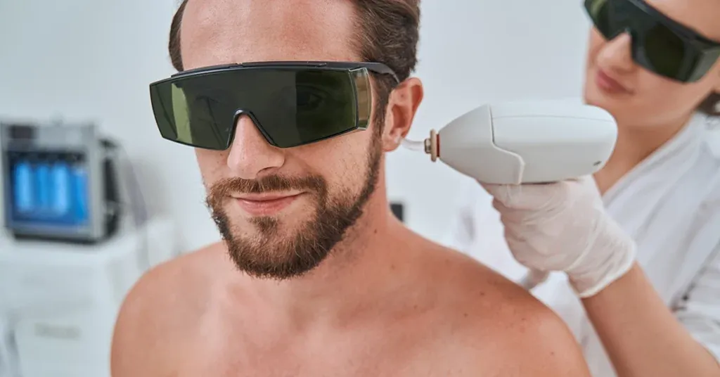 A man having a laser hair removal session on the face and neck in a modern medical clinic in Qatar.