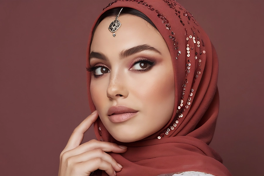 امرأة عربية أنيقة ترتدي حجاباً عنابياً مزيناً، تمثل جمال المرأة العربية وأصالة تقنيات التجميل الحديثة في قطر.